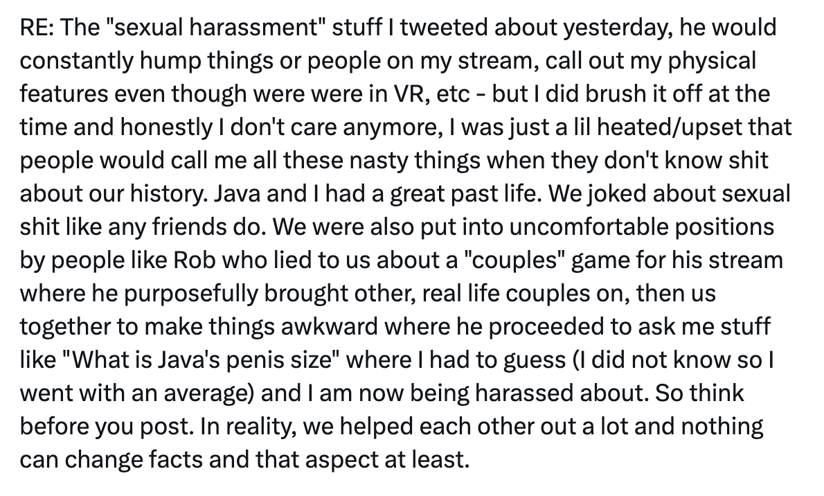 insight__0's tweet photo. Raziel openly lied about Java sexually harassing her on stream. Not to mention her viewer count lies. She had up to 100 viewers m-a-y-b-e 3x across multiple months. The moment Java began streaming he had a much higher regular viewership than Raz could maintain over 5 years. https://t.co/oN4O6R3BSm