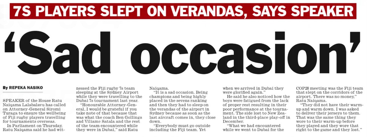 Fiji's Speaker of Parliament reveals to MPs that Fiji 7s stars had no money & recently in Dubai for competition, they slept at the airport. MPs at Dubai for COP & 7s matches stayed in luxury hotels @fijitimes @fijirugby @Fiji7sTeam