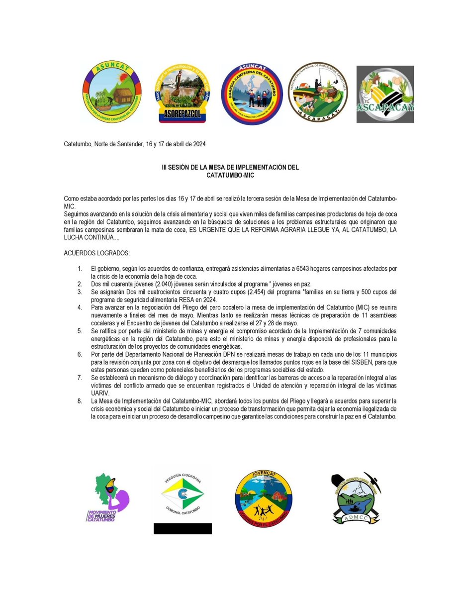 CesarJerezM's tweet photo. En 3 días de labor de la Mesa de Implementación del Catatumbo-MIC y comité técnico avanzamos en garantizar asistencia alimentaria y programas sociales que beneficiarán a miles de familias.Un encuentro de jóvenes y 11 asambleas cocaleras buscarán el consenso hacia la sustitución. https://t.co/r8lvcpZw2w