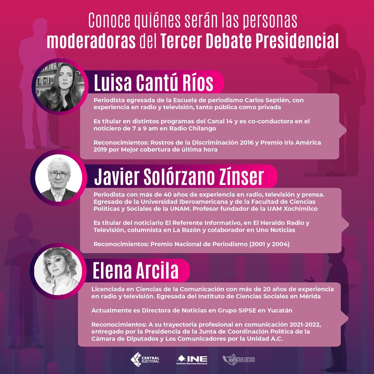 .@luigicantu, @JavierSolorzano y @elenaarcila son las tres personas aprobadas por el @INEMexico para moderar el tercer #DebateINE presidencial. Conoce aquí parte de sus trayectorias.👇🏼 ▶️ No olvides seguirlo por nuestras redes sociales / 19 de mayo - 20:00 horas