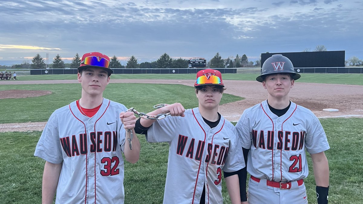 WauseonBaseball's tweet photo. Varsity gets a 1-0 11 inning win. Dudes of the day.  Mykale Schneider 8 2/3 innings, 0 R, 7 K, ND and Max Russell off the bench 2-2 game winning RBI. Dirt Dog is Thad Reckner, 11 innings caught and a sac bunt to move the go ahead run into scoring position. https://t.co/RrjvKwjhE1