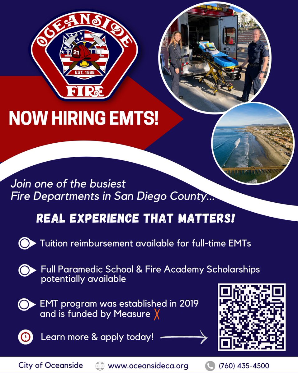 Oceanside Fire Dept is hiring EMTs. Apply today!