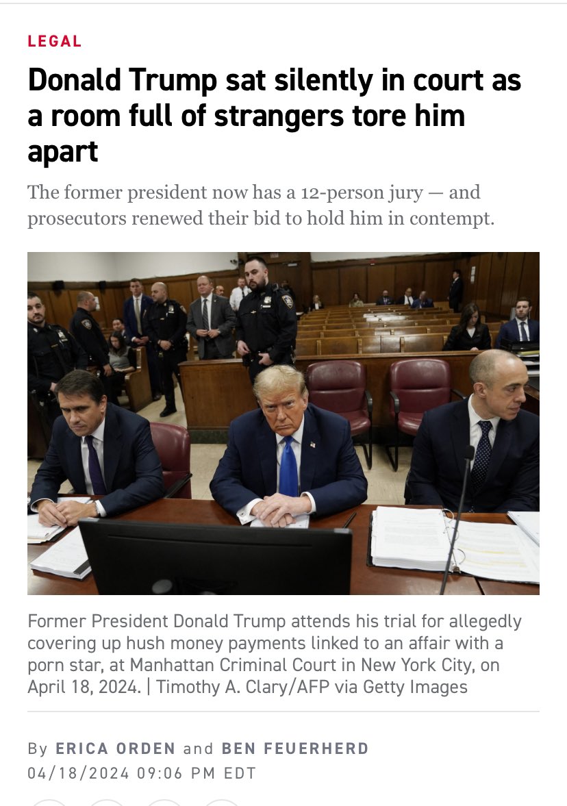 NEW: Donald Trump frequently calls his social media critics “haters.” Today, he had to look his haters in the eye while they savaged him for hours in a freezing cold courtroom. Story by @eorden @benfeuerherd politico.com/news/2024/04/1…
