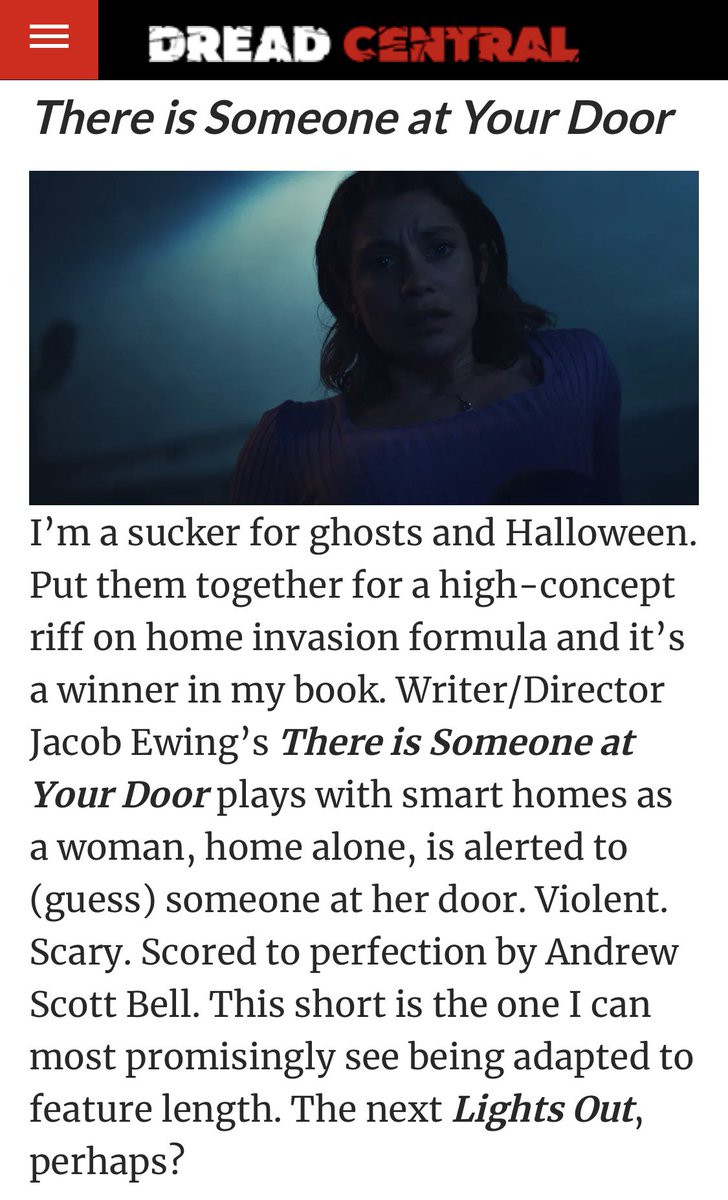 Surreal to see my short film (THERE’S SOMEONE AT YOUR DOOR) given such a lovely write up in @DreadCentral as one of @chadiscollins 5 favorite shorts of @PanicFilmFest. I’m so appreciative of the love! Fingers crossed I’m able to get that film adaptation off the ground 👻👀