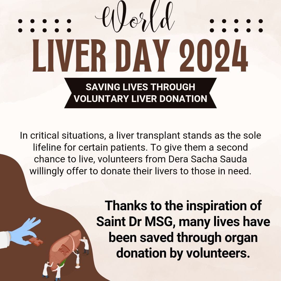 #WorldLiverDay
Spiritual guru Saint Dr MSG insan says consumption of alcohol and nonvegetarian food causes severe liver related disease to a person. So on occasion of Liver World day take a vow of don't use the alcohol and nonvegetarian food from today. 

Saint Dr MSG Insan