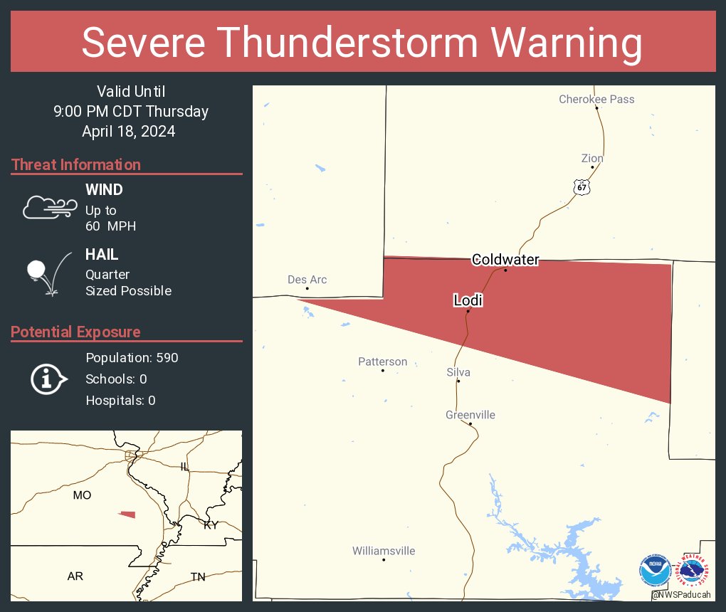 Severe Thunderstorm Warning including Coldwater MO and  Lodi MO until 9:00 PM CDT