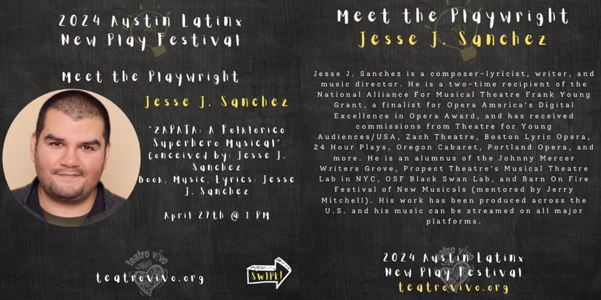 Meet Jesse J. Sanchez. His work “ZAPATA: A Folklorico Superhero Musical” is featured April 27 <a href="/1/">1</a> p.m. at <a href="/teatrovivotx/">Teatro Vivo</a>'s 2024 Austin #Latinx New Play Festival @zachtheatre  The festival runs April 25-27.  Info: bit.ly/3Q6xvjW #Latino #Latina #playwrights #ATX #theatre