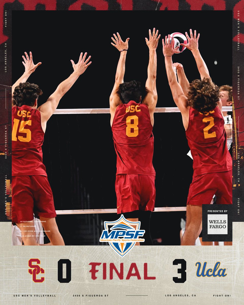 📊 FINAL: [1] No. 1 UCLA def. [6] No. 13 USC, 3-0 (25-22, 25-16, 25-21), in the MPSF Championship Semifinals at Galen Center in Los Angeles, Calif. #FightOn ✌️🏐 #NCAAMVB
