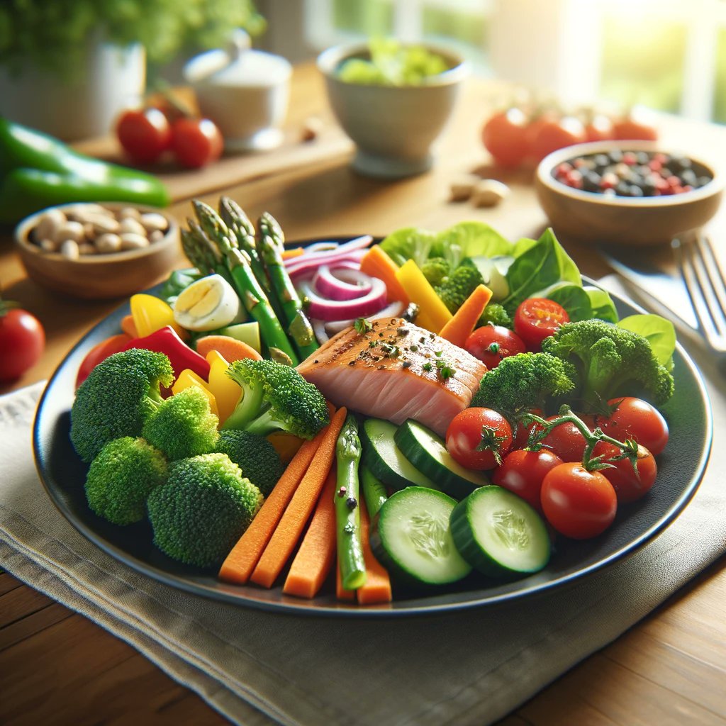 A feast for the eyes and the body! 🍽️✨ Enjoy a nutritious meal of colorful vegetables and lean proteins, artfully arranged for a delicious and healthy experience. #NutritiousMeal #HealthyEating #BalancedDiet