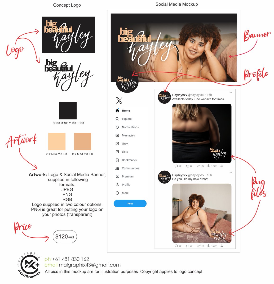 malgraphix's tweet photo. "Big Beautiful Hayley" Get your hands on this lovely presentation for your business branding today! Name can be changed to suit.
#branding #websitedesign #GraphicDesign #adultgraphics #logodesign https://t.co/2PIwLqqHXu