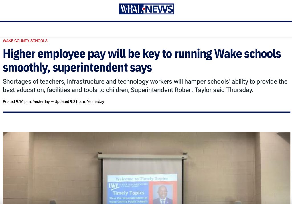 Reporter Emily Walkenhorst from @WRAL covered our Timely Topics event today featuring Dr. Robert P. Taylor, the new Superintendent of Schools of Wake County. Read the coverage: wral.com/amp/21387693/ #WRAL #Raleighnews #wakecountypublischools @wakecounty @ wcpss_schools