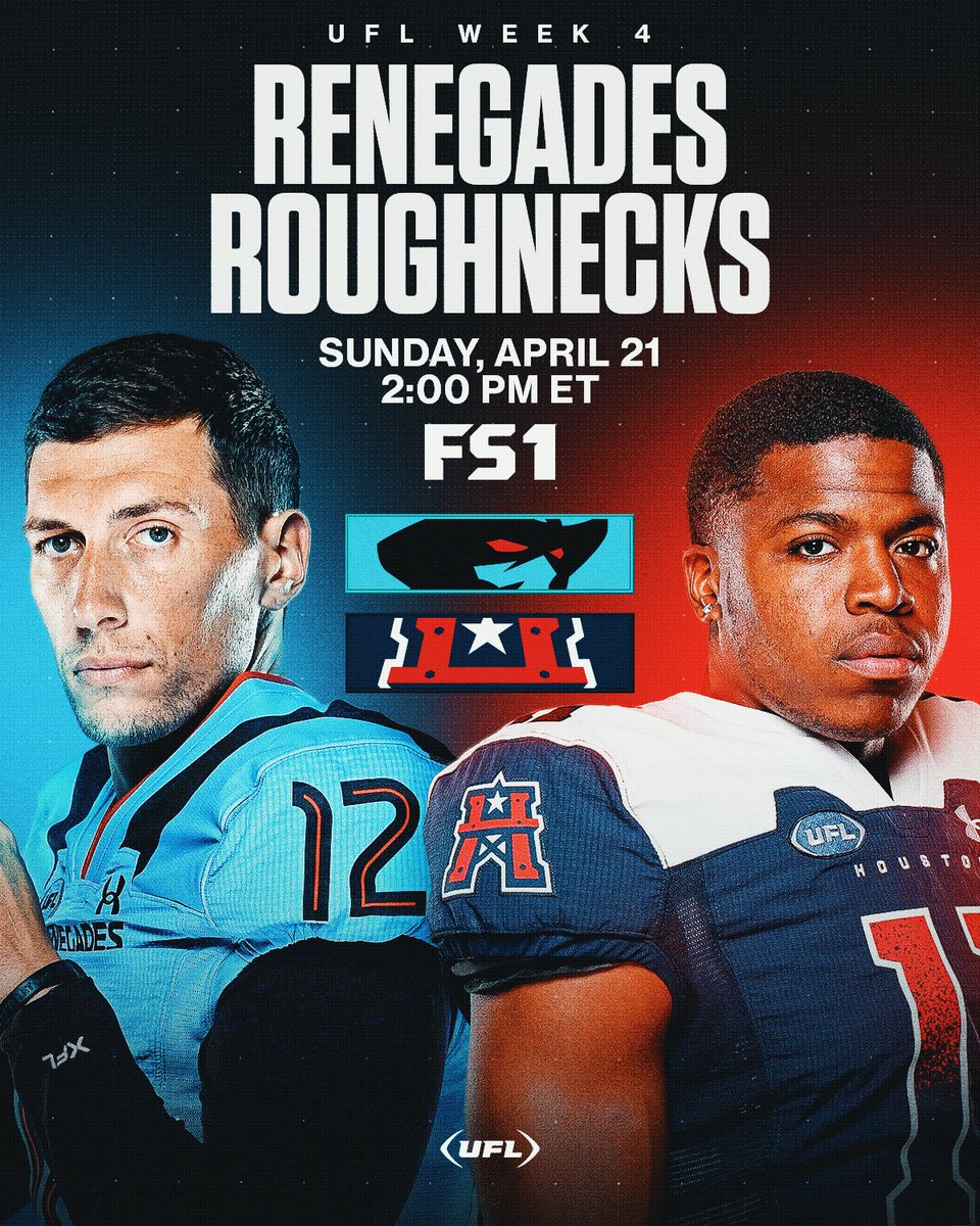 A Texas Showdown 🤠 @XFLRenegades vs. @XFLRoughnecks Sunday at 2pm ET/1pm CT on FS1 🎟️: theufl.com/tickets