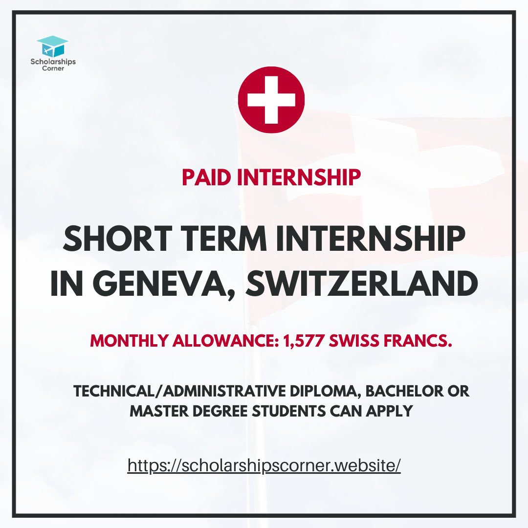Short-Term Paid Internship Program 2022-23 in Geneva, Switzerland

Monthly Allowance: 1,577 Swiss Franc

You are a full-time student (Technical/Administrative diploma, Bachelor or Master degree).

For more info visit: scholarshipscorner.website/cern-short-ter…

Credit to: CERN