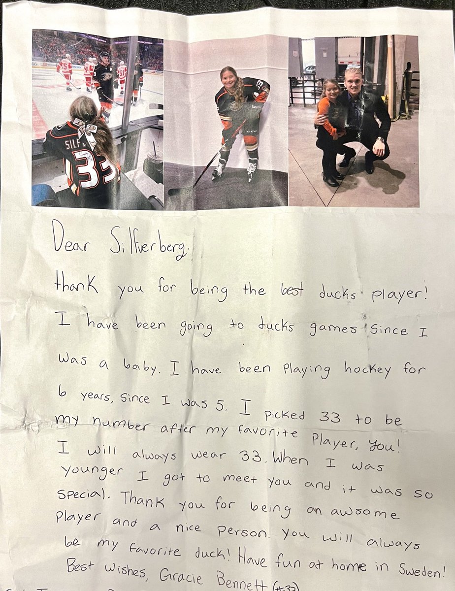 AnaheimDucks's tweet photo. Silfvy received this sweet letter from his biggest fan, 11-year-old Gracie, prior to his final NHL game tonight.

#FlyTogether https://t.co/XaURRDTu29