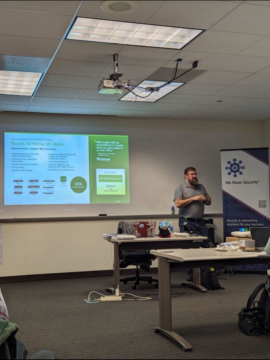 allyncrowe's tweet photo. I forgot how much fun speaking at seminar events is. Spent today leading a @JuniperNetworks @MistSystems Wireless Immersion Day for @NexumInc and had a blast. Can’t wait for the next! #Jkitty and the #MarvisMiniArmy both made an appearance.
#TeamNexum #JuniperChampion #Mistfits https://t.co/2iu3bconIP