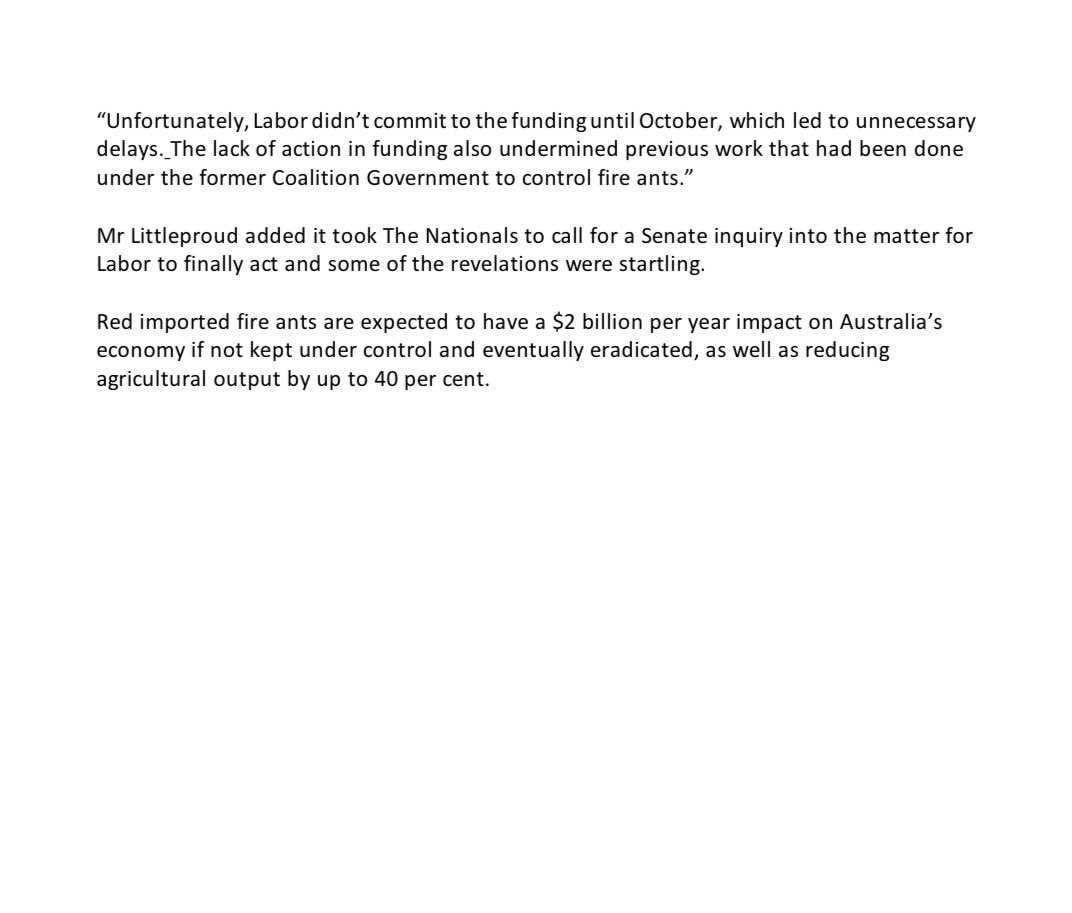 The detection of fire ants in Oakey is extremely concerning given this area is at the tip of the Murray Darling Basin. Labor was too slow to act and has put the whole country at risk.