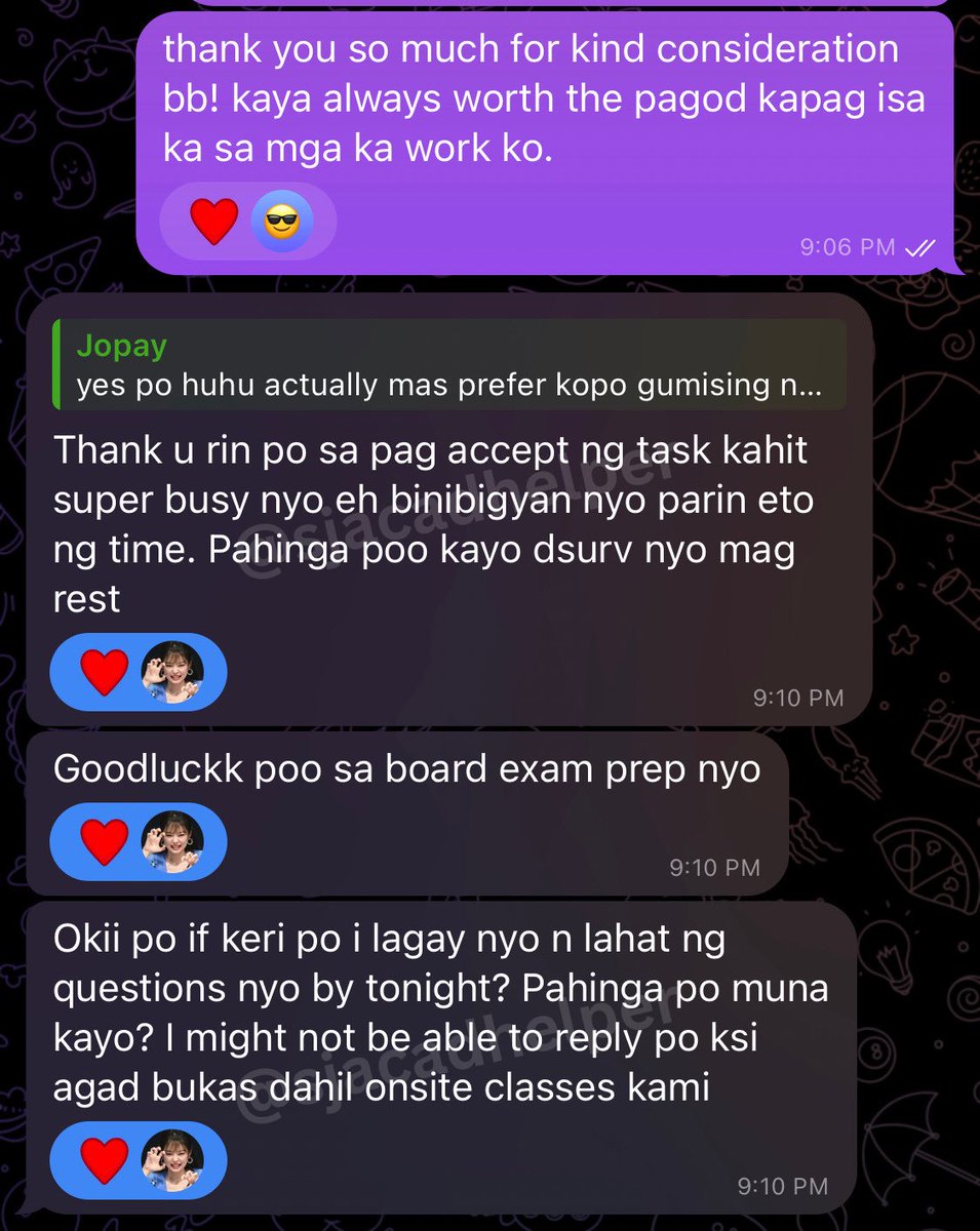 my client observed how tired I am while doing her task kasi whole day akong nasa school, and I admit it. then she initiates to give me extension til tomorrow 🥺

thank you po for trusting me and i super appreciate ur kind consideration. more works together po! 🙌🏻🤎

#sjacadhelps