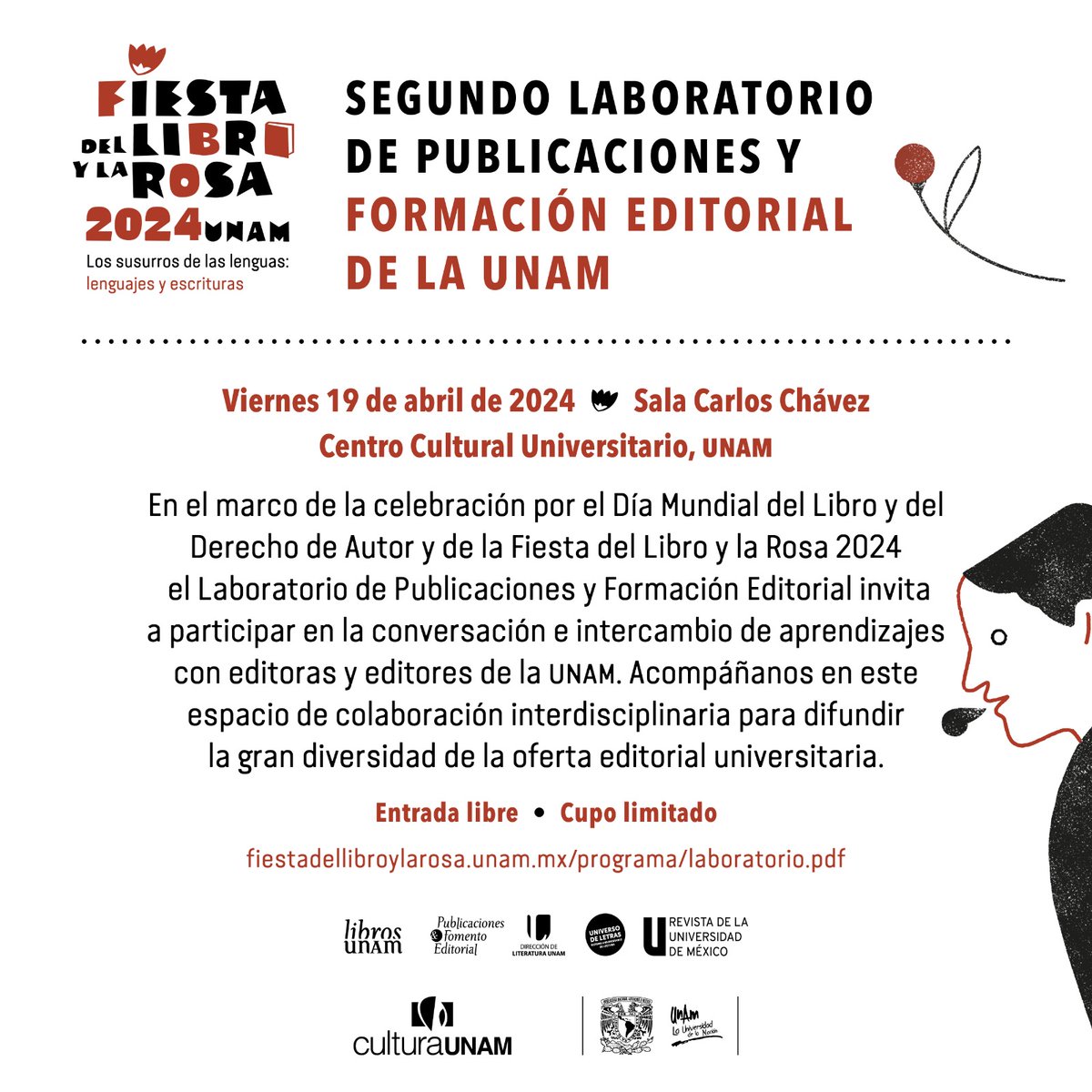 📚🌹En el marco de la #FiestaLibroYRosa, te esperamos en el 2° Laboratorio de Publicaciones y Formación Editorial que se realiza este 19 de abril. Si te interesan la edición y los libros, ¡apúntate ya! Se entregará constancia con valor curricular 👉 docs.google.com/forms/d/e/1FAI…