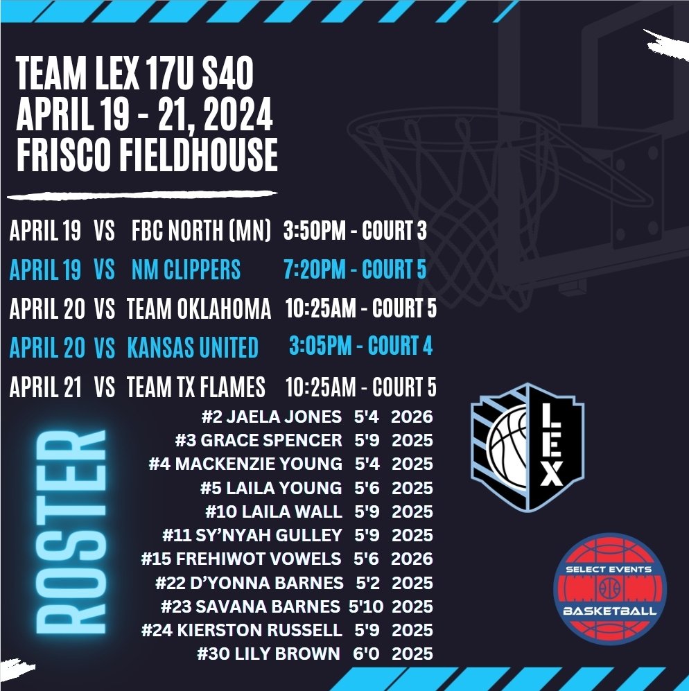 amazinGrace2025's tweet photo. Come catch us in action this weekend April 19 - 21, 2024!
Team Lex 17US40
@SelectEventsBB @TeamLexHoops 
We will be at Frisco Fieldhouse! https://t.co/MvBO1yryz5
