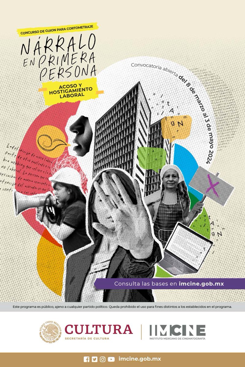 imcine's tweet photo. 🟣¡Ya está abierta la convocatoria 'Nárralo en primera persona'!🟣

Concurso de guiones cinematográficos para cortos, en el que queremos que nos cuentes historias que lleven como tema el acoso y/o hostigamiento laboral.

Conoce las bases 🔗 
https://t.co/oivB8IOySo https://t.co/07Pu4JsD6T