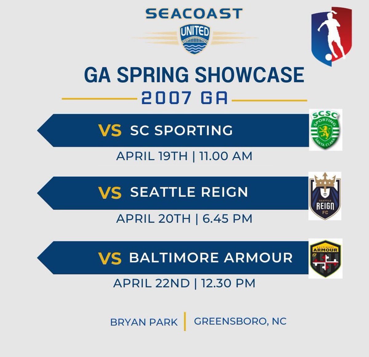 Can’t wait for tomorrows game at the GA spring Showcase! <a href="/SUSC_Academy/">Seacoast Utd Academy</a> <a href="/ImYouthSoccer/">ECNL/GA/Recruiting/College Soccer</a> <a href="/GAcademyLeague/">Girls Academy</a> <a href="/ImCollegeSoccer/">College Soccer Truth ™</a> <a href="/NcsaSoccer/">NCSA Soccer</a> <a href="/usysodp/">US Youth Soccer ODP</a> <a href="/TheSoccerWire/">SoccerWire</a>