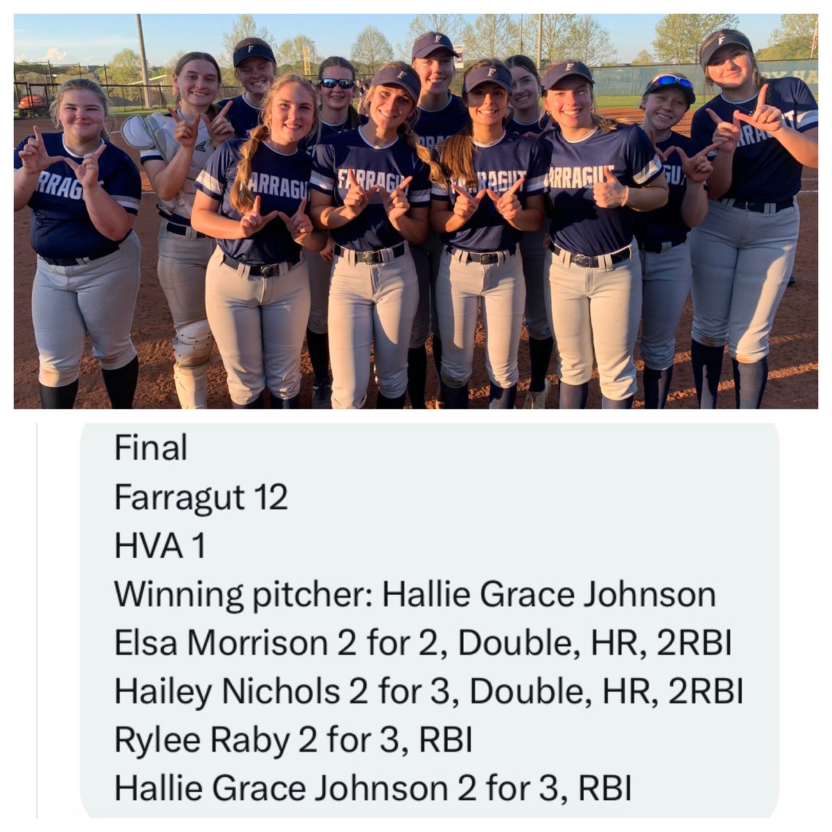 jack tate (@coachtatefhs20) on Twitter photo 🥎⚓️ FARRAGUT SOFTBALL UPDATE
Final Score Thursday Night
FARRAGUT 12 HARDIN VALLEY 1
Big District Win for the Lady Admirals!
<a href="/FarragutSB/">Farragut Softball</a> <a href="/emactav1/">Dr. Elizabeth MacTavish</a> <a href="/5StarPreps/">5Star Preps</a> <a href="/prepxtra/">PrepXtra</a> <a href="/TJ3rd_/">Toyloy Brown III</a> <a href="/West105_WFIV/">Farragut Radio</a> <a href="/farragutpress1/">farragutpress</a> 🥎⚓️ FARRAGUT SOFTBALL UPDATE
Final Score Thursday Night
FARRAGUT 12 HARDIN VALLEY 1
Big District Win for the Lady Admirals!
<a href="/FarragutSB/">Farragut Softball</a> <a href="/emactav1/">Dr. Elizabeth MacTavish</a> <a href="/5StarPreps/">5Star Preps</a> <a href="/prepxtra/">PrepXtra</a> <a href="/TJ3rd_/">Toyloy Brown III</a> <a href="/West105_WFIV/">Farragut Radio</a> <a href="/farragutpress1/">farragutpress</a>
