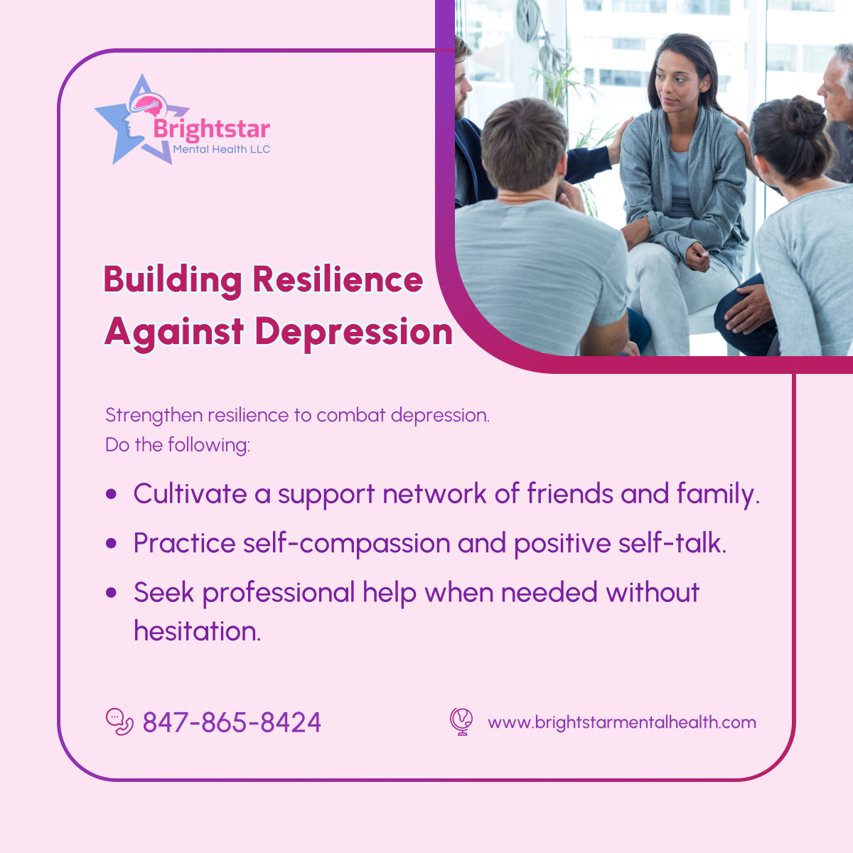 Empower yourself to build resilience and triumph over depression. Take the first step towards a brighter future by contacting Brightstar Mental Health LLC. Building resilience...  

Read more: instagram.com/p/C558iM5BqAb/

#IllinoisTherapist #Depression #ChicagoTherapy