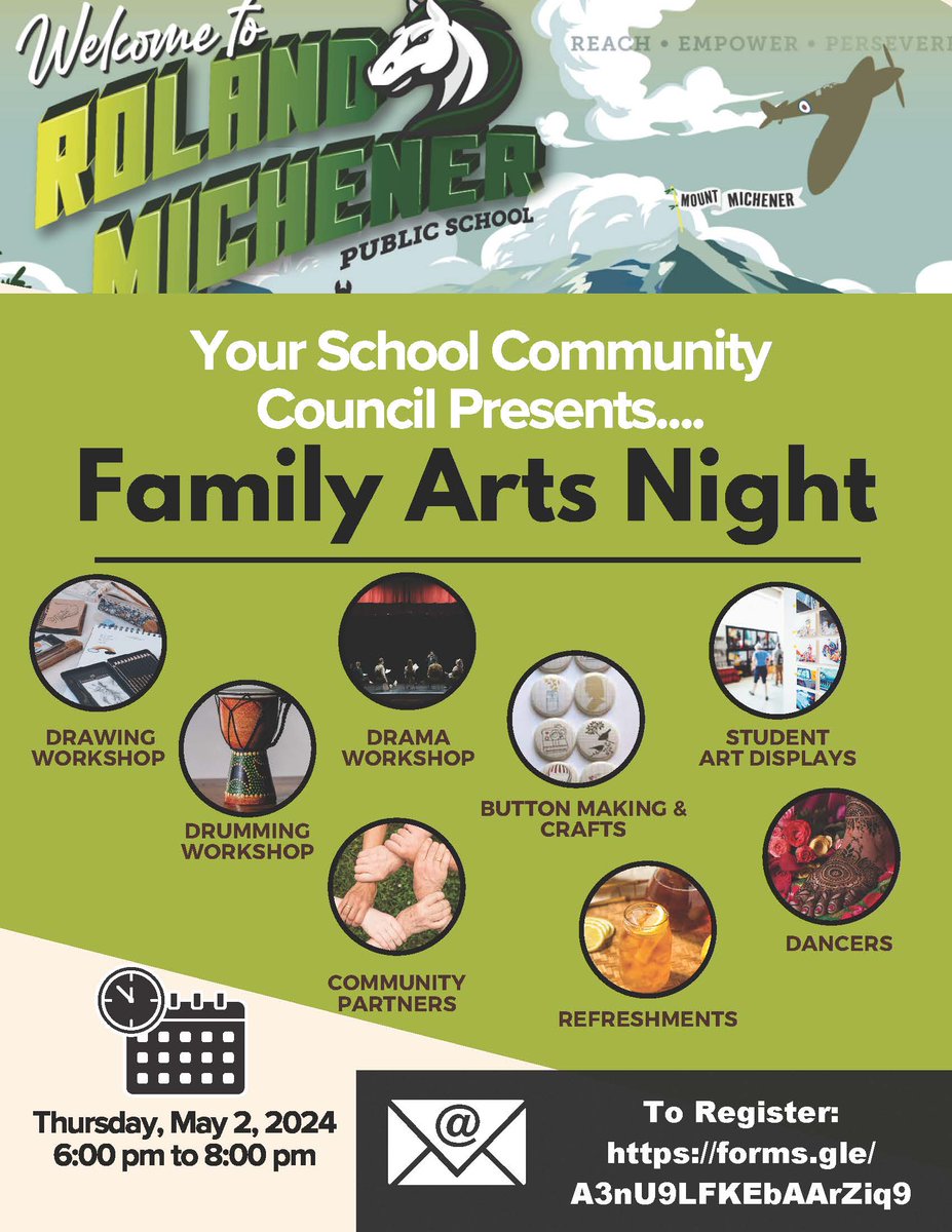 SCC Family Arts Night is soon approaching. Thursday, May 2, 2024 from 6:00 p.m. - 8:00 p.m. All families are invited to attend this FREE evening event. 

Please Register using this link: forms.gle/A3nU9LFKEbAArZ…

We are looking forward to seeing you there!