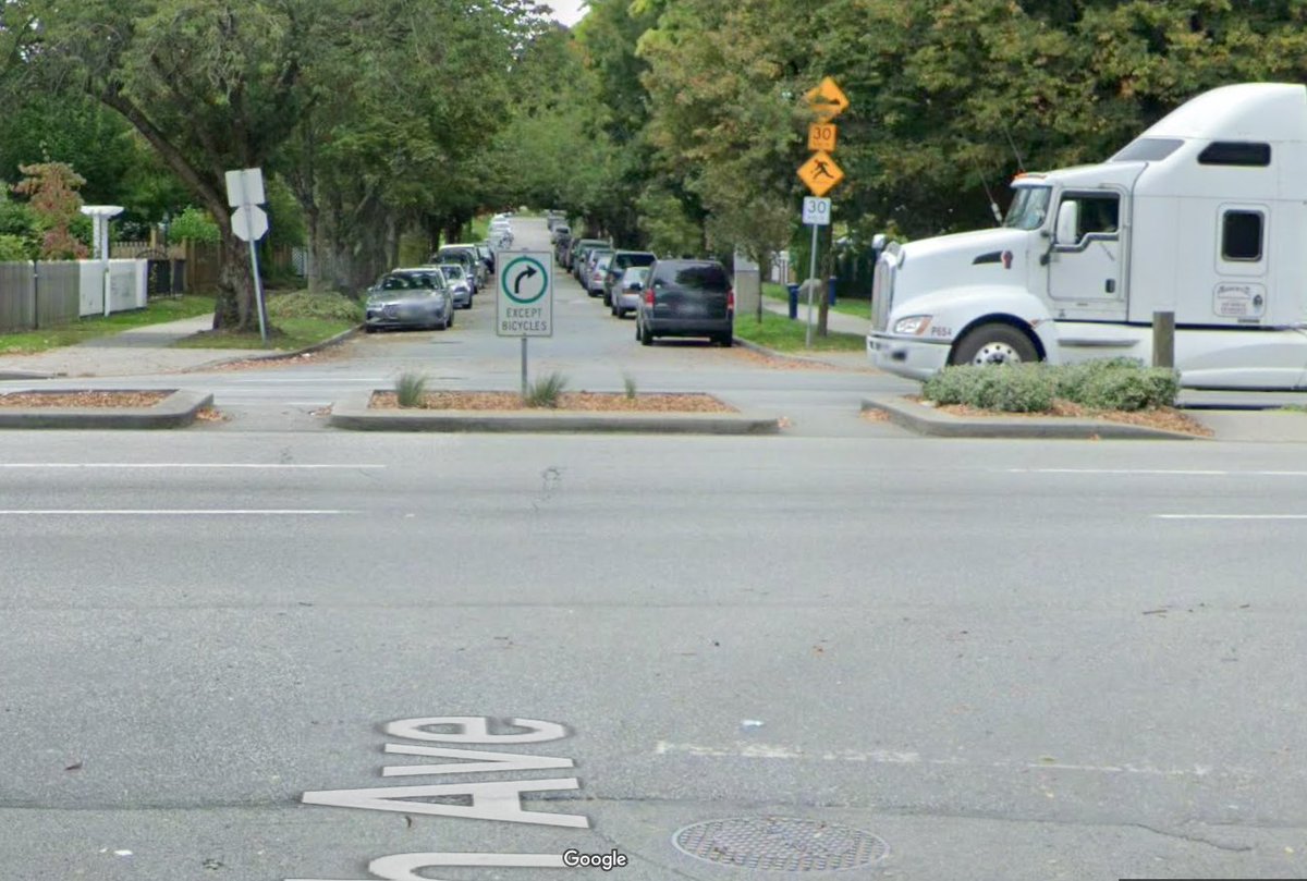 FAILURE 5: 11th and Clark is deadly by design. The median and the sign here encourage cyclists to cross, but absolutely nothing is done to protect them, or to alert drivers to look out for this. This is outright negligence. Let Engineering Manager lon.laclaire@vancouver.ca know.