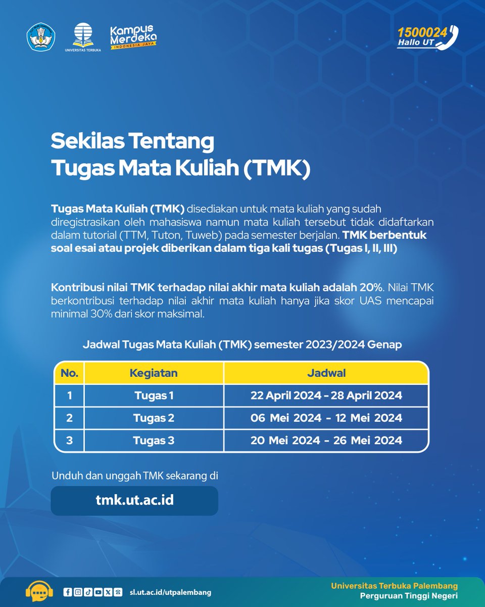 utpalembang's tweet photo. Jangan terlewat Tugas Mata Kuliah (TMK)

Informasi pendaftaran, program studi dan akreditasi serta biaya pendidikan di https://t.co/pW1mK3rVIj

#kuliahonline #kuliahluarnegeri #universitasterbuka #utpalembang #infout #kuliahsambilkerja #sumsel #palembang #kampusnegeri https://t.co/LLWxP6tOFl