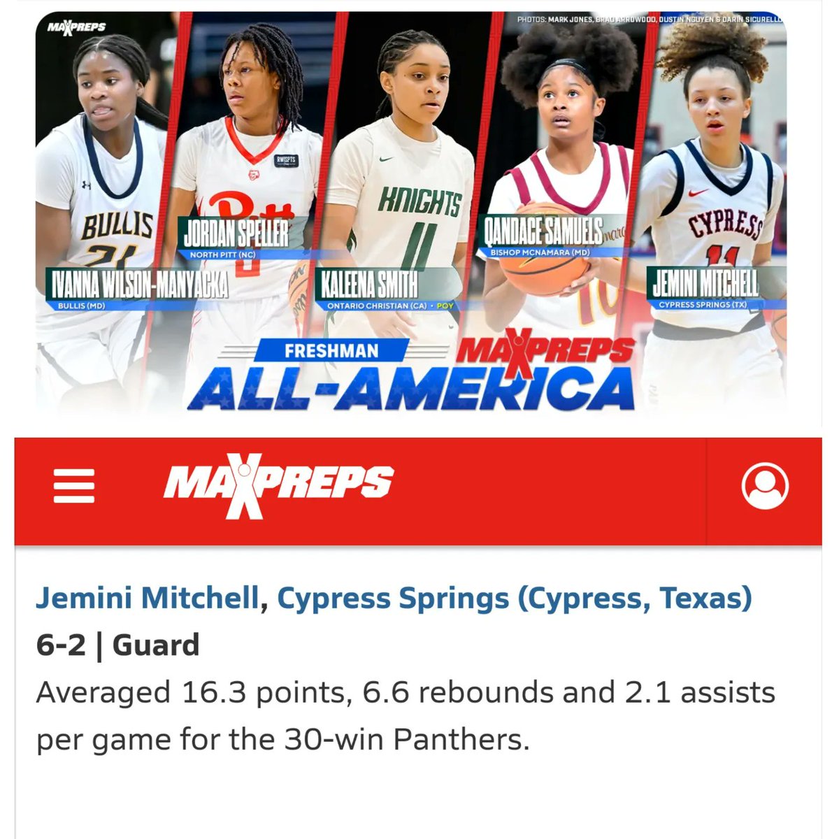 Congratulations the top freshman in the state of Texas, Jemini Mitchell on being named to the MaxPreps Freshman All-American team! Big time list featuring @IManyacka @JordanSpeller3 @specialkayyy11 @QandaceS @Jeminimitchell @dasiascott9 @caroline_brad23 @TheballerJaz @eve_long23