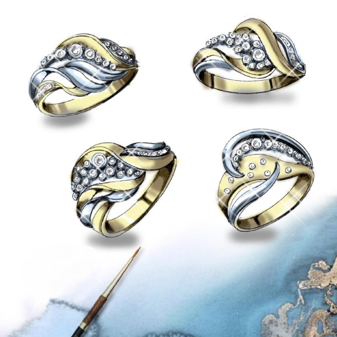 Which custom ring sketch would you choose? 🤔💍Bands like this are fantastic if you have lots of small stones, and want to make a cohesive design! Let us know which one you would choose! 
#JewelryDesign