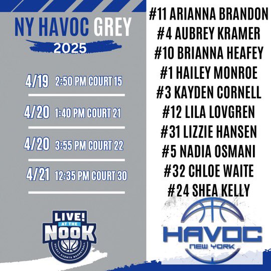 NY Havoc Grey 2025 schedule for “Live at the Nook”. Coach Shelby @shelbypreston20 has her team ready to go. #bluebloods