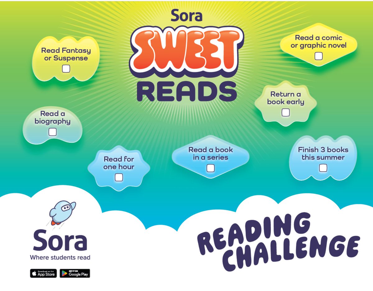 📚 Dive into a summer of reading fun with our #SoraSweetReads Reading Challenge from May 13th to August 26th! Keep those pages turning all summer long. Download the graphic from our resource center: bit.ly/3XByThk 🌟  #ReadingChallenge