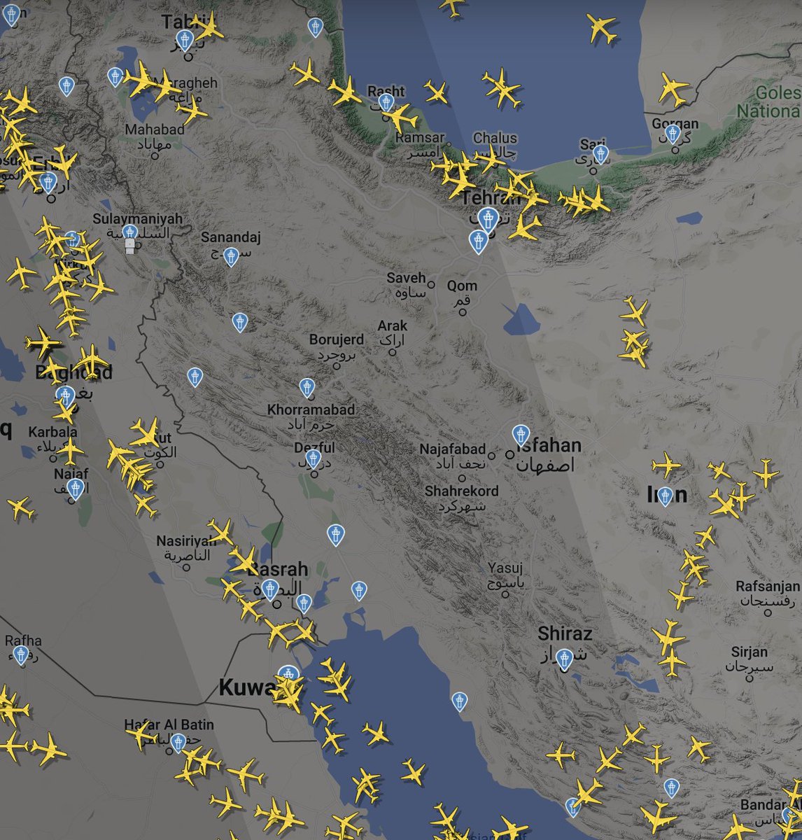 Planes flying over Iran are flying on a much more easterly course, thus avoiding the western part of the country.