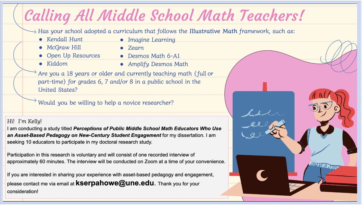 📣 Calling all MS math Ts!  Are you passionate about asset-based pedagogy and student engagement in your classroom? 📚Check out this study by my friend Kelly and share your valuable insights. See below for more details🌟. <a href="/WisMathCouncil/">WMC - WI MathCouncil</a> <a href="/mctm_mn/">MCTM</a> <a href="/MathICTM/">ICTM — Illinois Council of Teachers of Mathematics</a> <a href="/IowaMathTeach/">Iowa Math</a> #mtbos