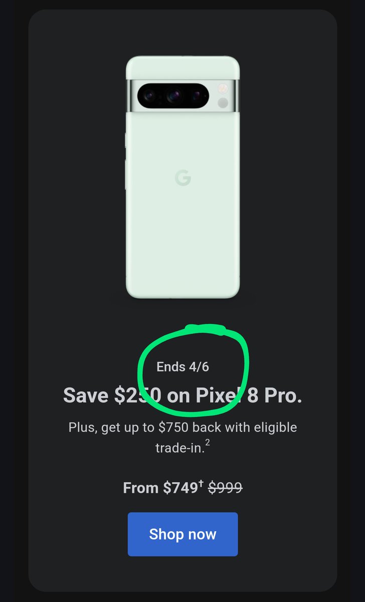 mrjmwalker's tweet photo. @madebygoogle so that email you sent on 4/18, yeah the one with the pixel 8 promotion pricing that ends in 4/6..... perhaps you meant: 5/6? https://t.co/e9mgpTsZba