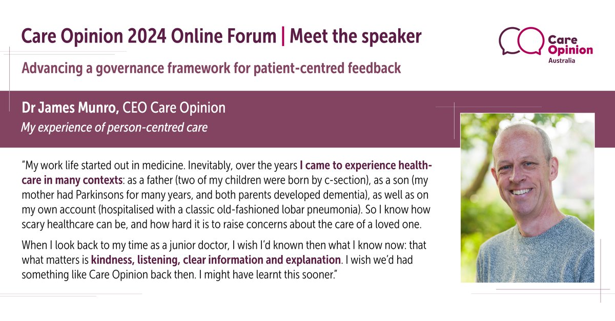We are pleased to announce the first of our speaker line-up, Dr James Munro. Don’t miss the opportunity to hear @jamesfm55 share what research says about the impact patient feedback has on frontline staff on 8/05/24 4-7pm (AEST). Email conference@careopinion.org.au to register!