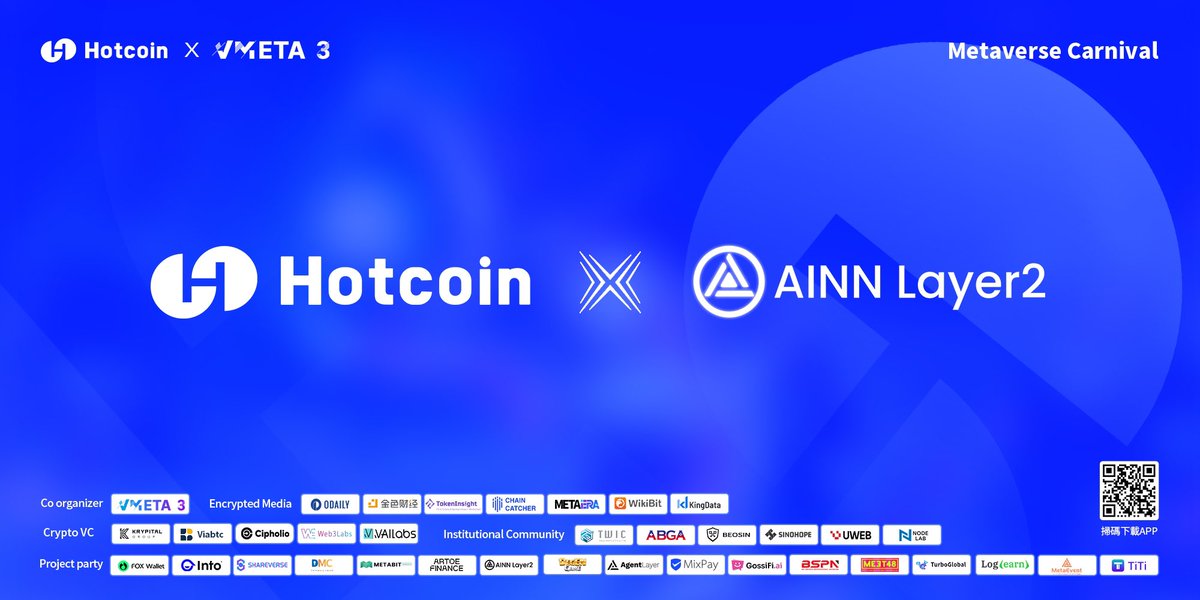 HotcoinGlobal's tweet photo. ✨ The Metaverse Carnival, co-hosted by #Hotcoin and #Vmeta3, has officially kicked off. ✨
Welcome to the first Bitcoin Layer 2 @AINN Layer 2, aimed at supporting the widespread adoption of artificial intelligence applications, as a partner in Hotcoin's #Metaverse Carnival. Additionally, we have 35 influential partners joining us. Let's party together!