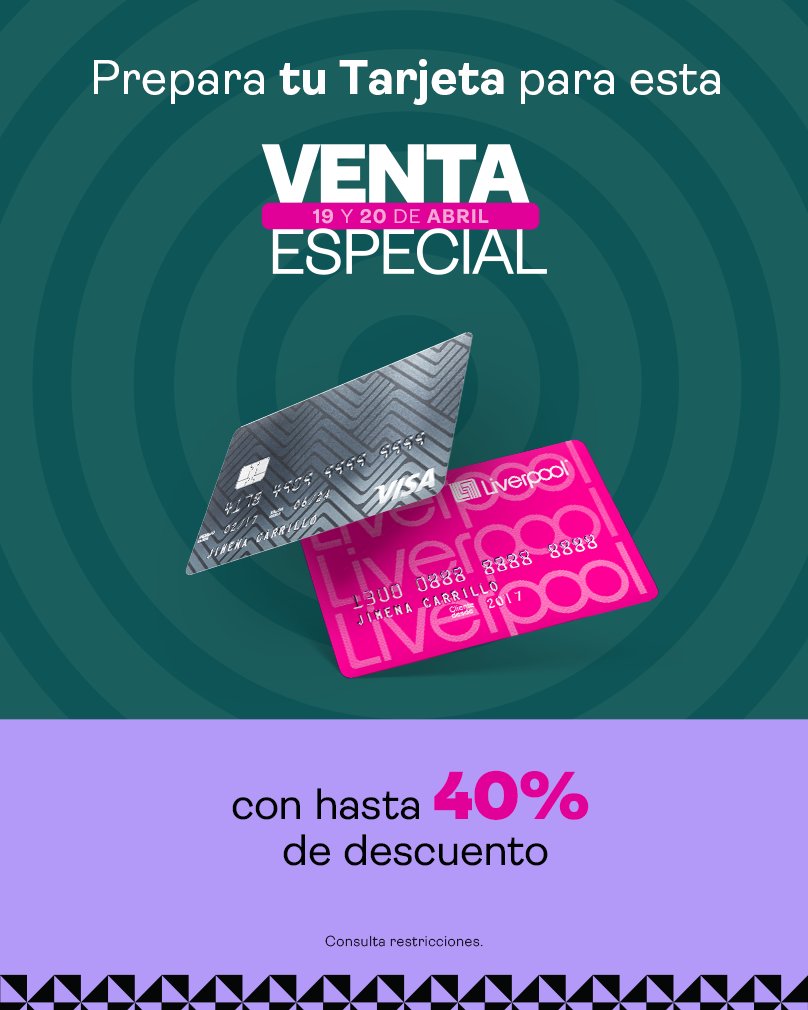 ¿Estás listo? Tu 💳 Liverpool lo está 🤭 Descuentos de hasta 40% te esperan en la Venta Especial, este 19 y 20 de abril. 😍 liverpool.onelink.me/GNnO/rswggzms #TodoenLiverpool #EsParteDeMiVida