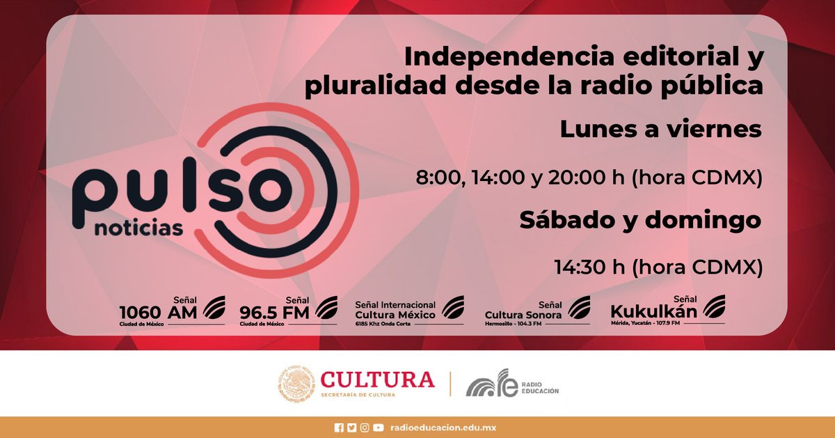 Esta noche entérate de las noticias nacionales e internacionales en #PulsoNoticias por las frecuencias de #RadioEducación 🗞️📰 Te acompaña Ana Leticia Vargas 🎙️ ⏰20 h #CDMX 📻1060 AM, 96.5 FM | 104.3 FM #Hermosillo | 107.9 FM #Mérida 🖥️radioeducacion.edu.mx/emisorasre