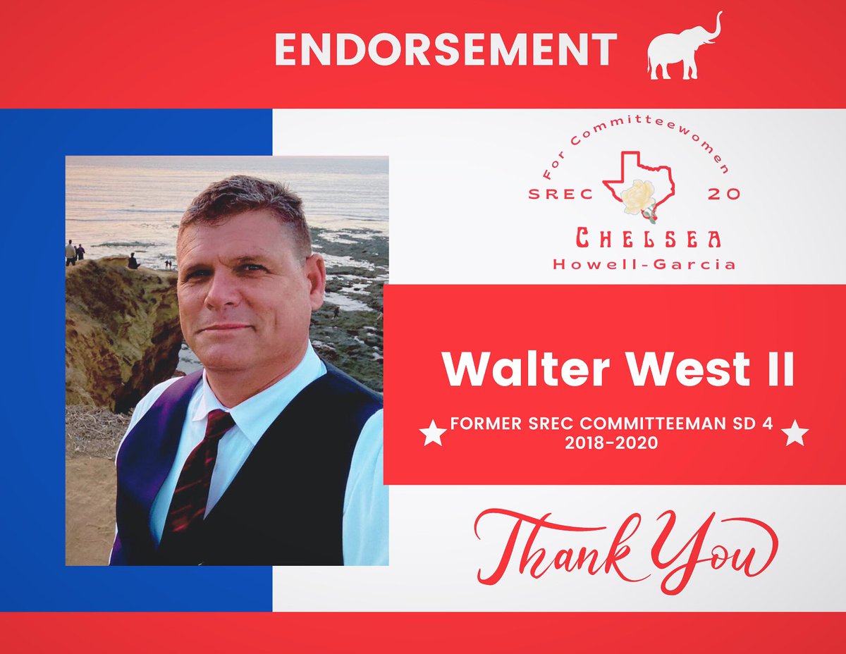 Thank you goes out to former SREC COMMITTEEMAN SD 4 2018-2020 and freedom fighting Patriot Walter West II for your endorsement thank you for your service to the Republican Party of Texas. #chelseaforsrec20  #rpttexas #jimwellscounty #nuecescounty #hidalgocounty #brookscounty