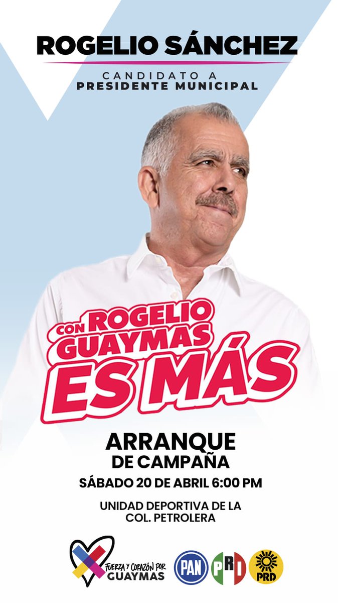 ¡Llegó la hora! 💪🏽♥️💙💛 Con mucho entusiasmo te invito a acompañarme a mi Arranque de Campaña: 📌 Realizaremos una Caravana🚗 saliendo del Comité Municipal del Pan hacia el campo deportivo de la colonia Petrolera
¡Acompáñanos! 👊🏻🤞🏻

 #ConRogelioGuaymasesMás
#VamosConTodo