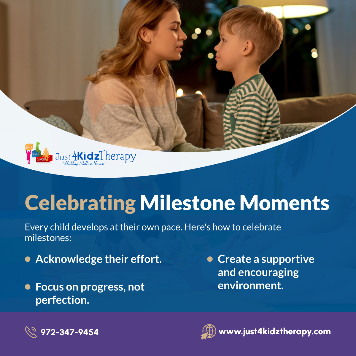 Celebrate every step of the way! These tips can help build confidence and support your child's development. 

#CollinCountyTX #PediatricTherapyServices #CelebrateMilestones #ParentingSupport #MilestonesMoments