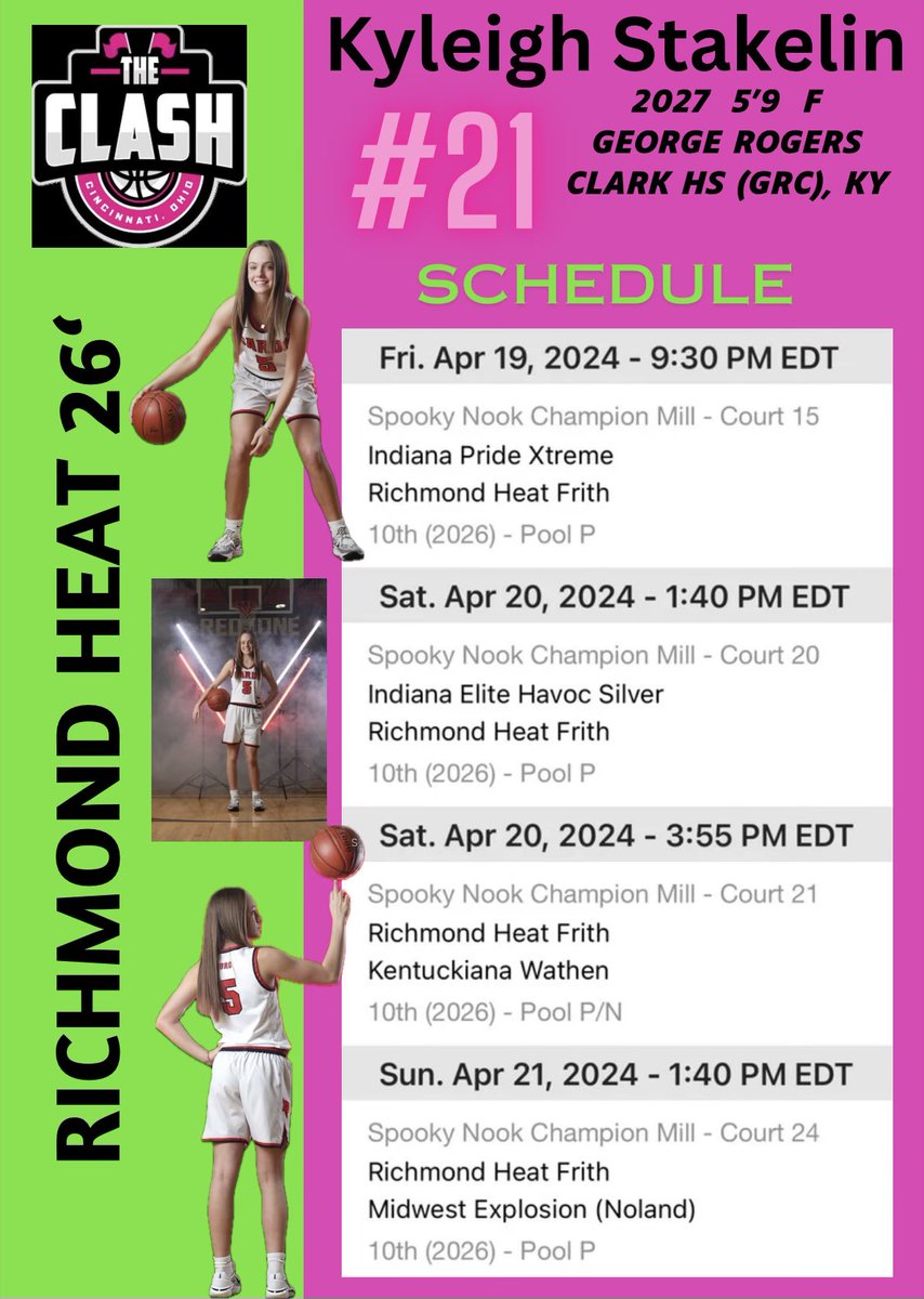 Here’s my schedule for my upcoming tournament in Cincinnati! So excited to get it rolling!🔥 @RichmondHeat1 @grc_hoops @alyxwhite_ @PGHAkeem @PGHKentucky @MJHoopsTraining