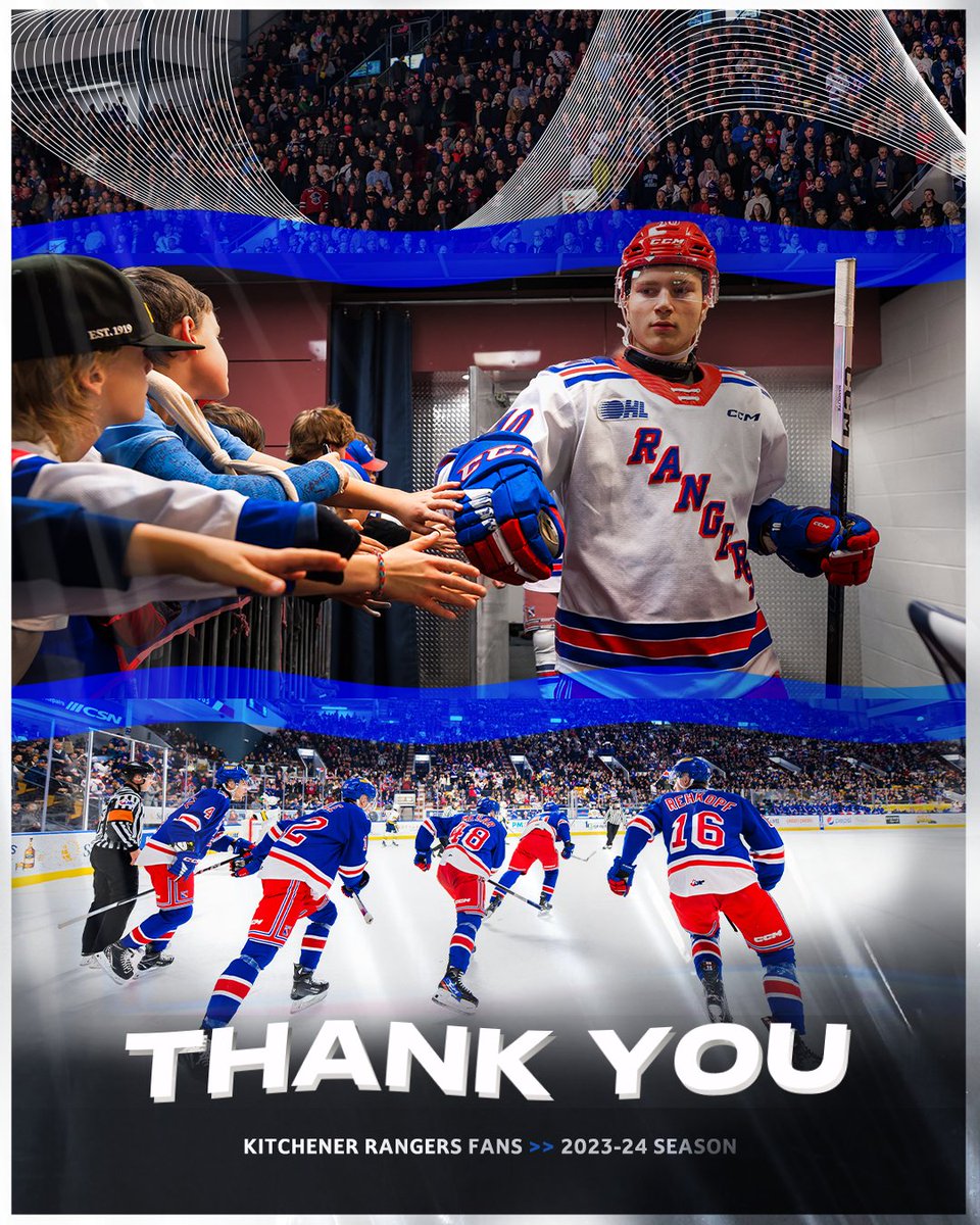 A heartfelt thank you to #RTown for all of your support this season. The best place to play in junior hockey in front of the best fans. 

The future is bright in #Kitchener 💙

#OHLRangers | #TitleWave