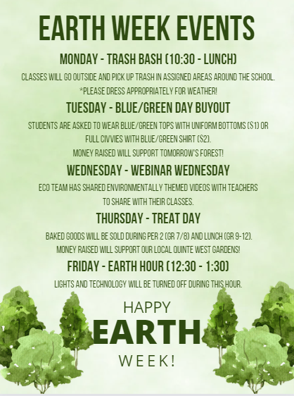 SPCSS ECO-TEAM (@ecospcss) on Twitter photo Here is what we have going on next week to celebrate Earth Week, <a href="/SPCSSFalcons/">SPCSS Falcons</a> ! 🌳☀️🌎🌱❤️
<a href="/EcoSchoolsCAN/">EcoSchools Canada</a> Here is what we have going on next week to celebrate Earth Week, <a href="/SPCSSFalcons/">SPCSS Falcons</a> ! 🌳☀️🌎🌱❤️
<a href="/EcoSchoolsCAN/">EcoSchools Canada</a>