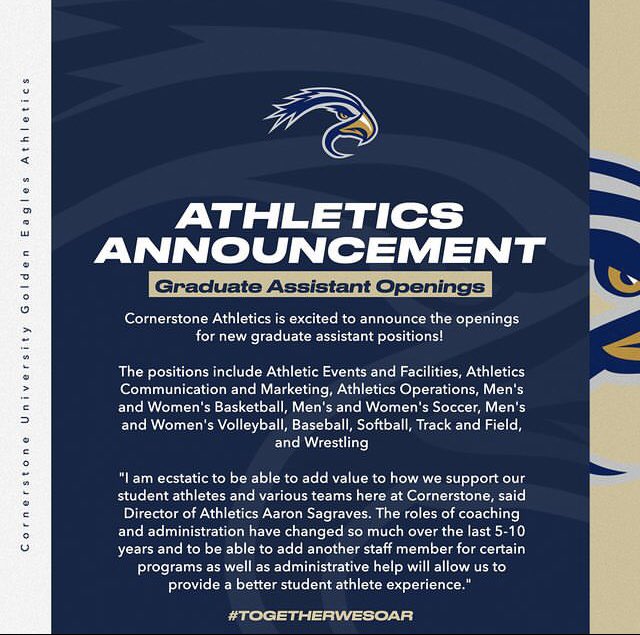 Jason Schalk (@coachschalk_cu) on Twitter photo Pretty exciting news for our program and athletic department!
XC & TF has TWO GA positions to fill
If you are a recent college grad, graduating this spring or know of some one who is, we would love to talk
Please contact me directly jason.schalk@cornerstone.edu
Thank you! Pretty exciting news for our program and athletic department!
XC & TF has TWO GA positions to fill
If you are a recent college grad, graduating this spring or know of some one who is, we would love to talk
Please contact me directly jason.schalk@cornerstone.edu
Thank you!