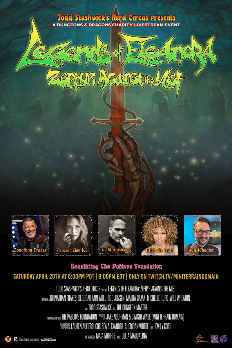 Legends of Eleanora: Zephyr against the Mist! This Saturday the 20th! Join me @jonathansfrakes @wilw @DeborahAnnWoll an @ItsMichelleHurd as we play #DungeonsAndDragons to fight childhood cancer with @TSNerdcircus and @Pablove 5pm pacific twitch.tv/miniterraindom…