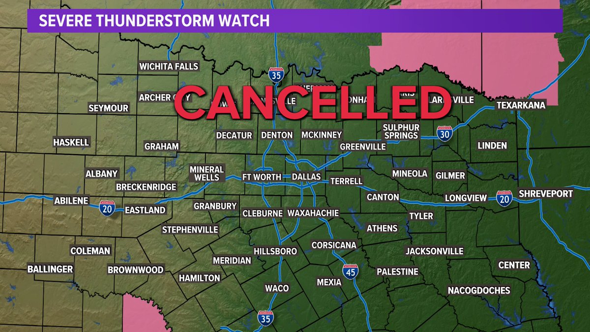 Severe Thunderstorm Watch has been cancelled for all of North Texas. The cap held! An isolated shower is still possible, but the threat for severe weather has ended. Rain is in the forecast Friday night through Saturday morning. #wfaaweather